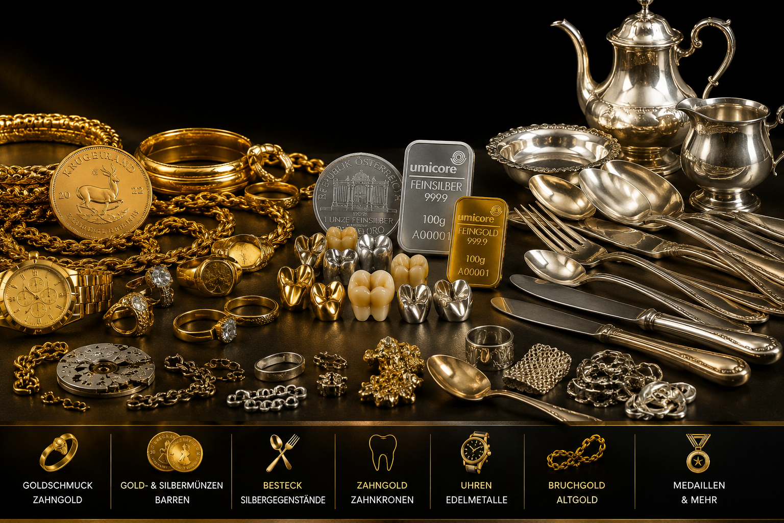 Übersicht der angekauften Edelmetalle: Goldschmuck, Münzen, Barren, Besteck, Zahngold, Uhren, Bruchgold und Medaillen